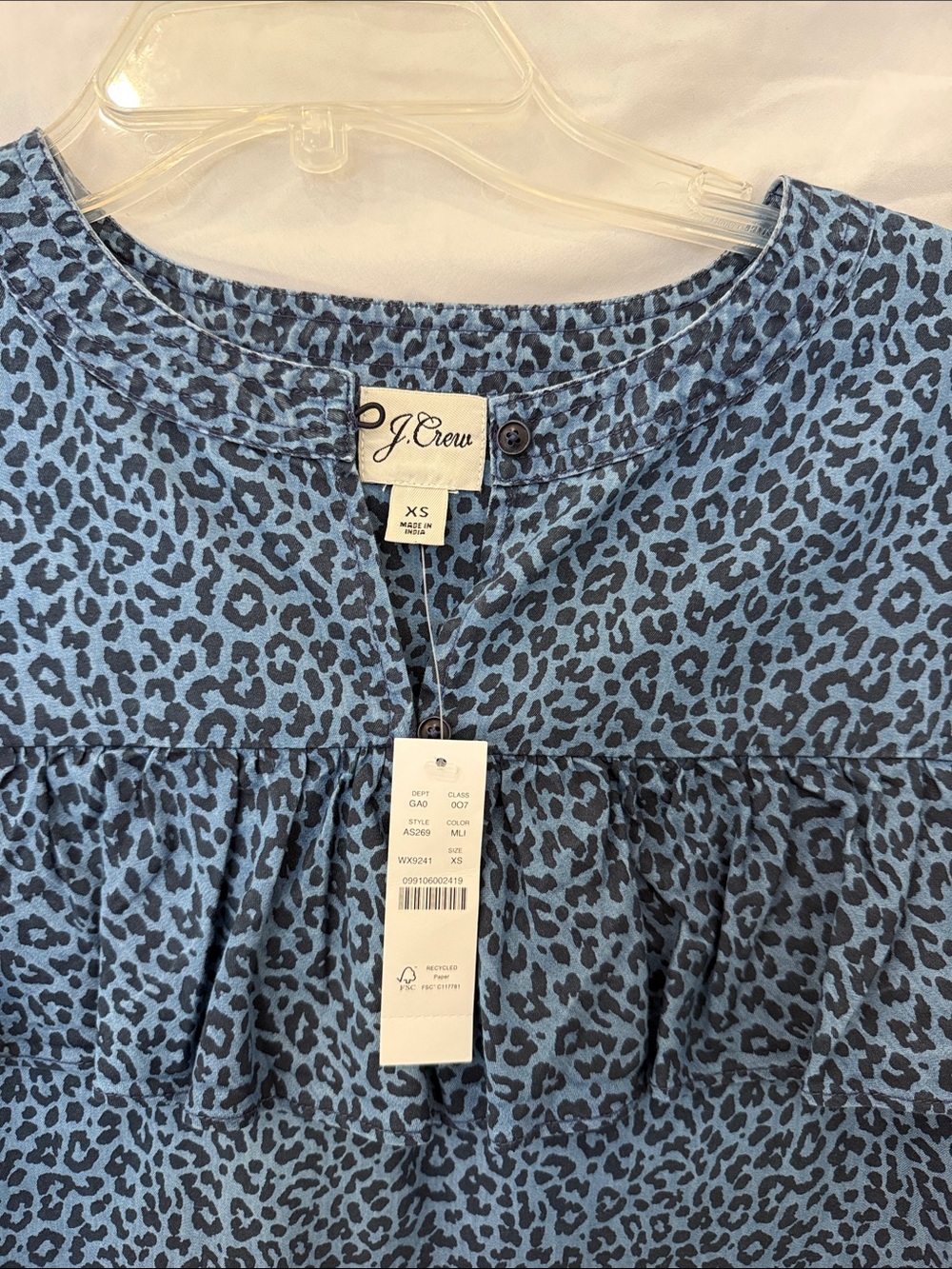 JCrew blue cheetah leopard print long sleeve length ruffle blouse womens Xs - Picture 3 of 4
